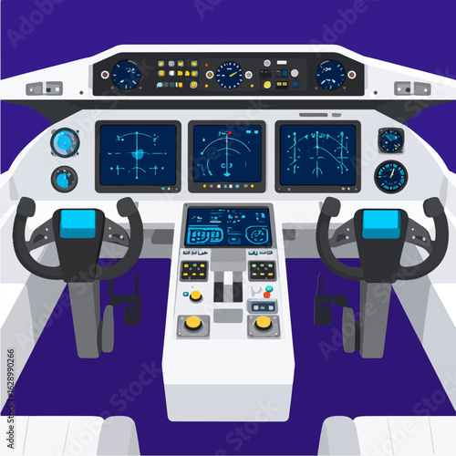This vibrant, simplified illustration showcases the cockpit of an airplane with instruments, controls and display screens against a backdrop of blue and white interior.