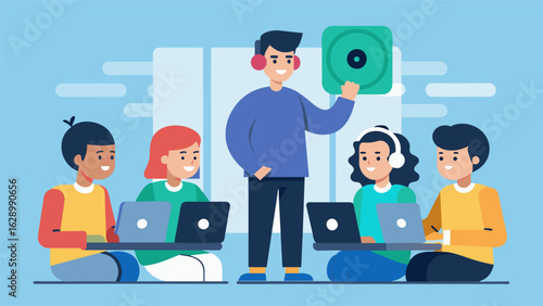 A mentor leads a group of mentees in a discussion about the evolution of music production from vinyl to streaming. Vector illustration