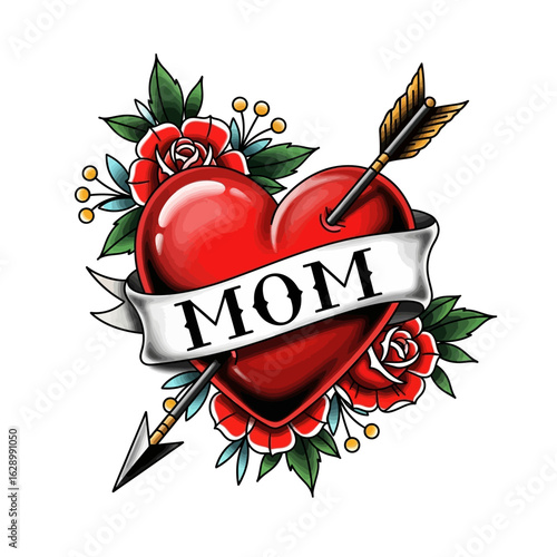 Vibrant Red Heart Tattoo Design with "Mom" Banner and Arrows