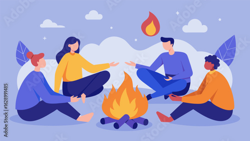 A group of individuals gathered around a bonfire holding hands and taking turns sharing their reflections on how far theyve come in their journey.