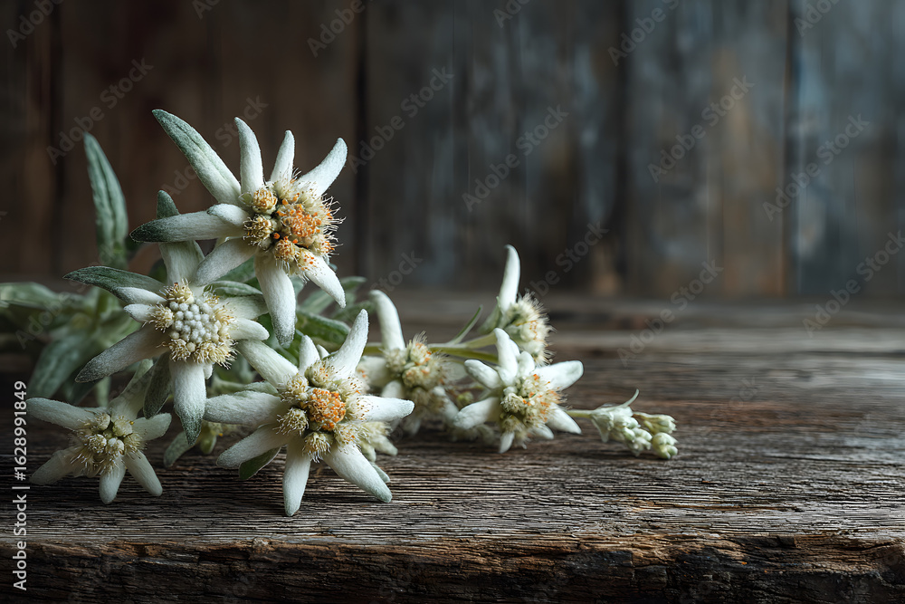 Obraz premium Edelweiss on wooden background
