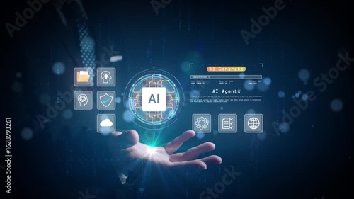 Businessman interacting with AI agent interface using futuristic holographic icons, representing artificial intelligence in business technology.
