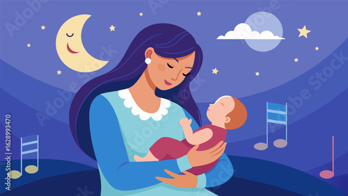 A mother playing lullabies for her newborn baby both of them swaying in a tranquil rhythm creating a soothing and stressfree bond..