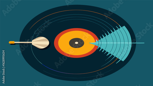 A detailed look at a record needle creating sound waves as it moves along the grooves of a vinyl. Vector illustration