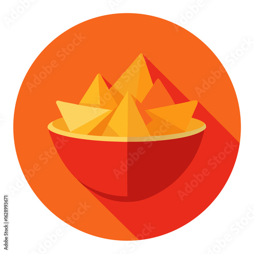 Flat design icon of a bowl filled with crispy tortilla chips on an orange background