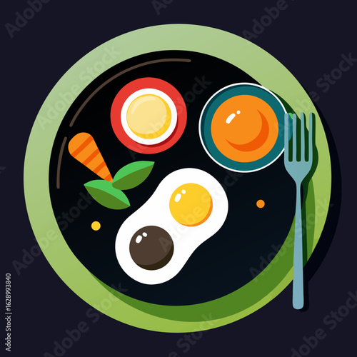 Flat design illustration of a healthy breakfast with fried eggs tomato and carrot on a dark plate with a fork