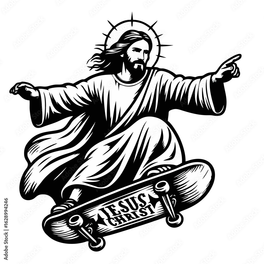 Fototapeta premium Jesus Christ Skateboarding Black and White Vector Illustration