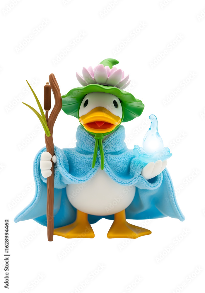 Fototapeta premium Character figurine in a fantasy wizard attire holding a staff and glowing orb against a transparent backdrop. Blue cape green hat and lotus crown.