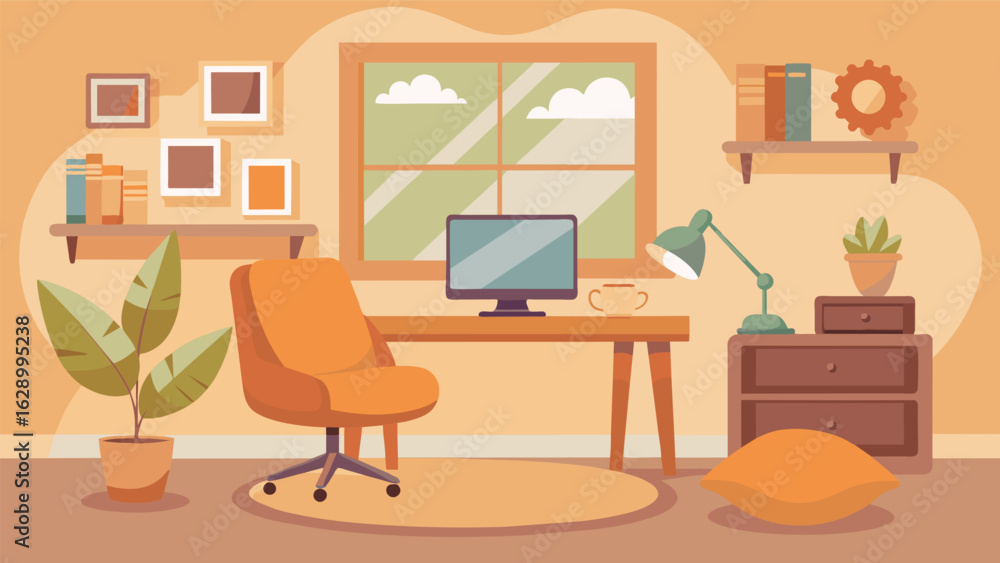 A cozy corner home office surrounded by warm neutral tones and plush pillows for a restful and stressfree work environment.. A cozy corner home office surrounded by warm neutral tones and plush pillows for a restful and stressfree work environment..