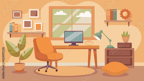A cozy corner home office surrounded by warm neutral tones and plush pillows for a restful and stressfree work environment..