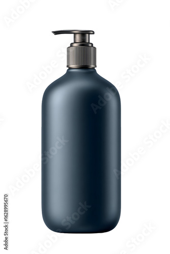 A matte dark blue pump bottle with a gunmetal dispenser is isolated on a white background. The elegant, deep color suggests a premium or men's grooming product.