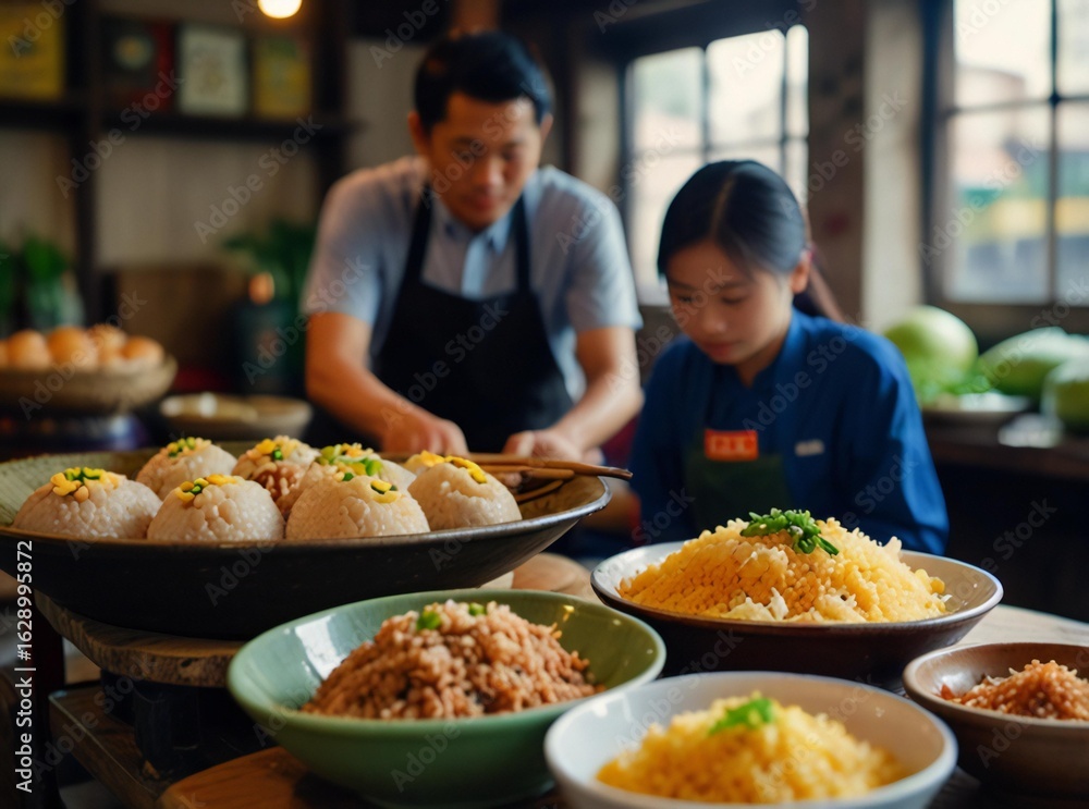Father and child preparing delicious food together in a kitchen Father and child preparing delicious food together in a kitchen