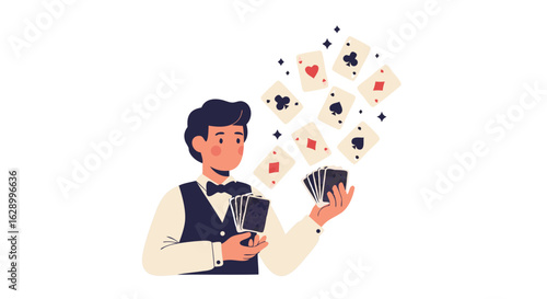 Elegant cartoon man showcasing his card dealing skills with a magical flourish of playing cards elegantly floating around him in a captivating game