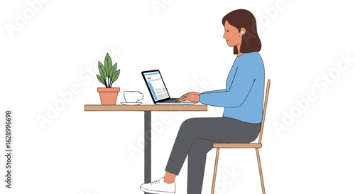 Illustration of a focused woman working remotely on her laptop at a stylish cafe setting