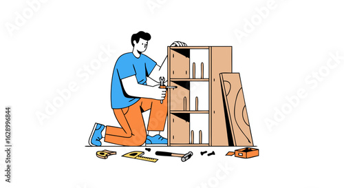 Illustrative depiction showcasing a craftsman assembling a flat-pack shelving unit with hand tools against a stark white background