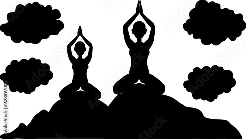 Two yoga figures meditating on a mountain top with clouds in the sky in a black and white silhouette