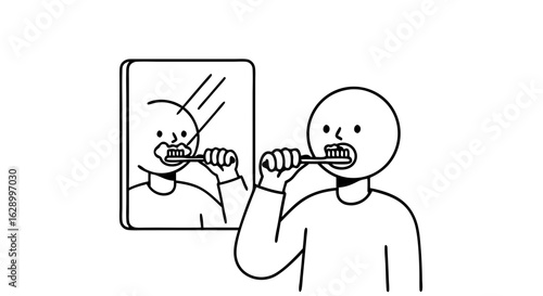 Minimalist illustration of a person brushing their teeth in front of a bathroom mirror for hygiene routine and self-care practices