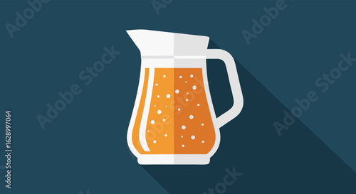 Stylized vector graphic featuring an orange juice pitcher with long shadow and refreshing look on deep blue backdrop
