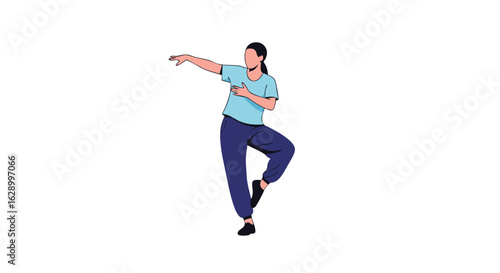 Illustration depicting a poised woman gracefully executing a dynamic dance movement in a minimalistic style showcasing balance and motion with clean