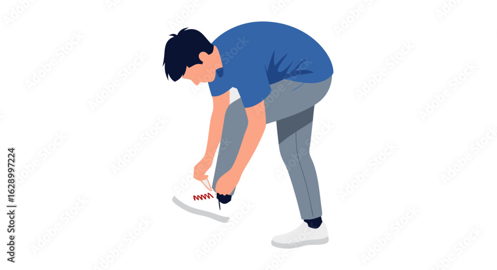 Fototapeta premium Illustration depicting a young man in sportswear tying his sneaker, getting ready to start his day, with soft shadows and balanced color values