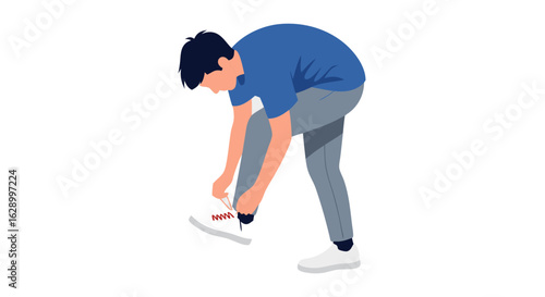 Illustration depicting a young man in sportswear tying his sneaker, getting ready to start his day, with soft shadows and balanced color values