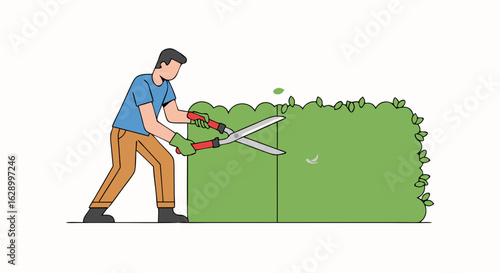 A man trimming a neat green hedge with hedge trimmers, showing the activity of garden maintenance and yard work in a simple cartoon style illustration