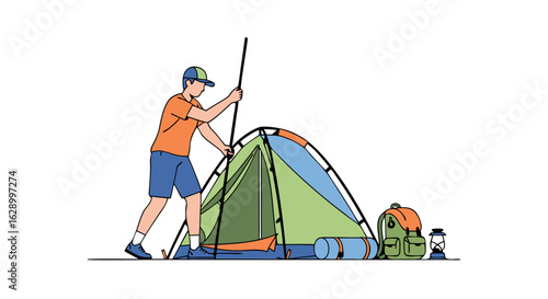 A young traveler puts up a tent on a white background, demonstrating outdoor activities and the joy of exploration, capturing the spirit of