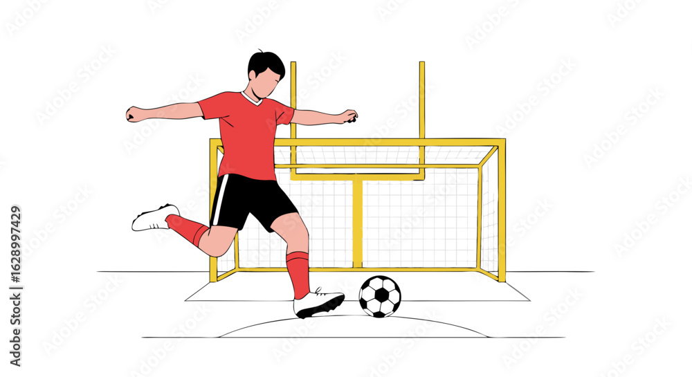 Obraz premium A Dynamic Illustration of a Soccer Player Kicking the Ball Towards the Goal Post with Determination and Precision displaying an energetic moment on