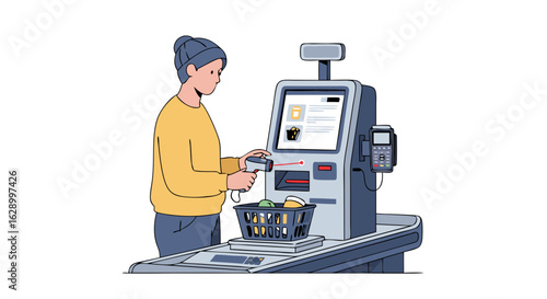 Illustration depicting a person using a self-checkout kiosk at a retail store showcasing a modern shopping experience