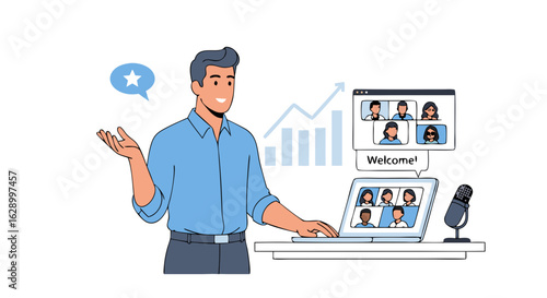 Online meeting presentation with a cheerful host delivering insights to a virtual audience with rising graph visuals