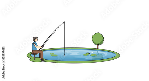Cartoon illustration showcasing a man fishing in a pond with a tree in the background representing outdoor recreational activity and peaceful scene