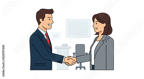 Corporate success: Illustrated businessman and businesswoman sealing a deal with handshake in office setting, symbolizing partnership and agreement