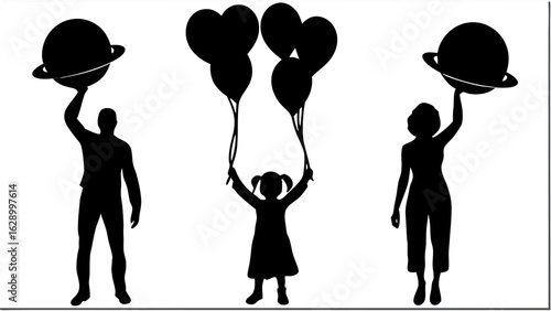 Silhouettes of a man and woman holding planets with a child holding balloons in the center stage