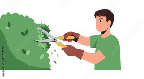 Illustrative gardening activity showcasing a man pruning a vibrant green bush with shears in a tranquil outdoor setting