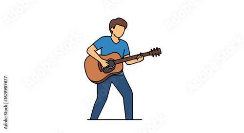 Energetic acoustic performance: hand-drawn depiction of a guitarist in motion, showcasing artistic expression and musical enthusiasm, adding a touch