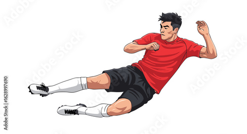 Dynamic vector illustration of a soccer player executing a mid-air kick with focused determination and athleticism