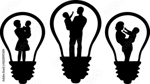 Silhouettes of parents with children inside light bulbs representing family love and innovative parenting ideas