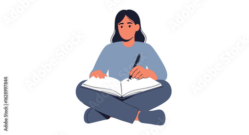 Illustration of a woman sitting cross-legged and writing in a notebook with a pen, embodying focus and creativity in a simple, clean design