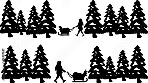 Silhouette illustration depicting people pulling sleds through a forest of christmas trees in winter time