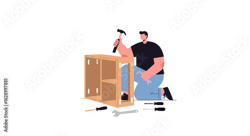 Flat illustration showcasing the assembly of furniture with meticulous detailing and minimalist design for modern living spaces