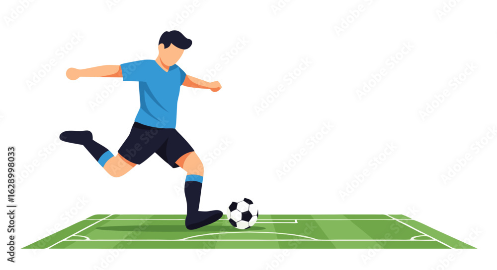 Obraz premium Dynamic flat vector illustration showcasing a soccer player striking a football, on a meticulously designed field with ample white space