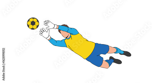 Dynamic Goalkeeper Illustration Diving to Save, capturing action and agility with bold colors and clean lines on white backdrop
