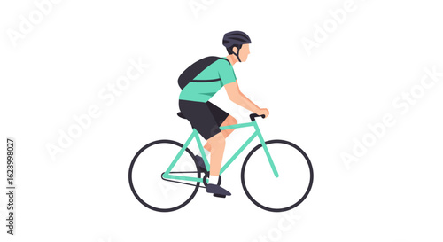 Digital illustration of a cyclist wearing a helmet and backpack riding a stylish turquoise bicycle on a white background