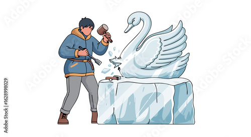 A skilled artisan meticulously carves a majestic swan from a block of gleaming ice demonstrating artistry and precision in a winter wonderland