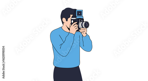 Photographer focused capturing moment with a classic film camera, artistic line drawing illustration isolated on a white background showcasing