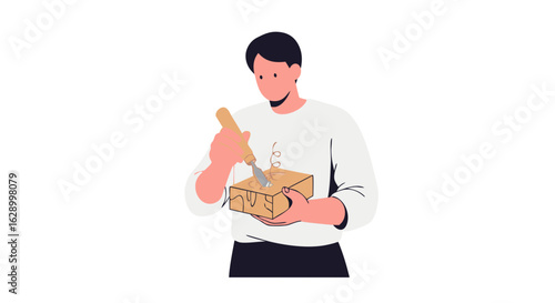 Dedicated craftsman skillfully shaping wooden block, showcasing precision and artistic technique, creative design process, meticulous attention,