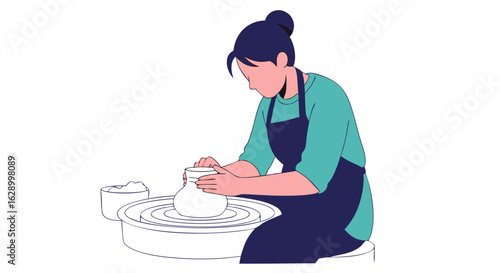 Creative pottery making: An illustration of a woman shaping clay on a wheel in a studio setting, expressing artistry, hobby and tradition