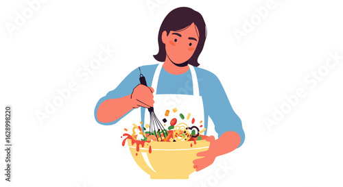 Dynamic illustration capturing a woman engaged in the art of culinary creation with a bowl of vibrant ingredients and focused expression