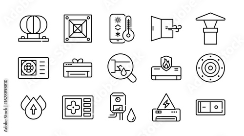 HVAC system linear icon set. Heating, ventilation, air conditioning, thermostat, airflow, duct, fan, filter, temperature control, cooling, energy efficiency, repair vector icon set. UI thin line pack