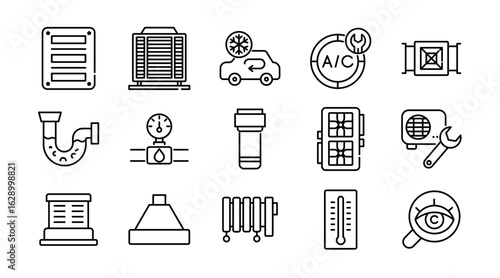 HVAC system linear icon set. Heating, ventilation, air conditioning, thermostat, airflow, duct, fan, filter, temperature control, cooling, energy efficiency, repair vector icon set. UI thin line pack